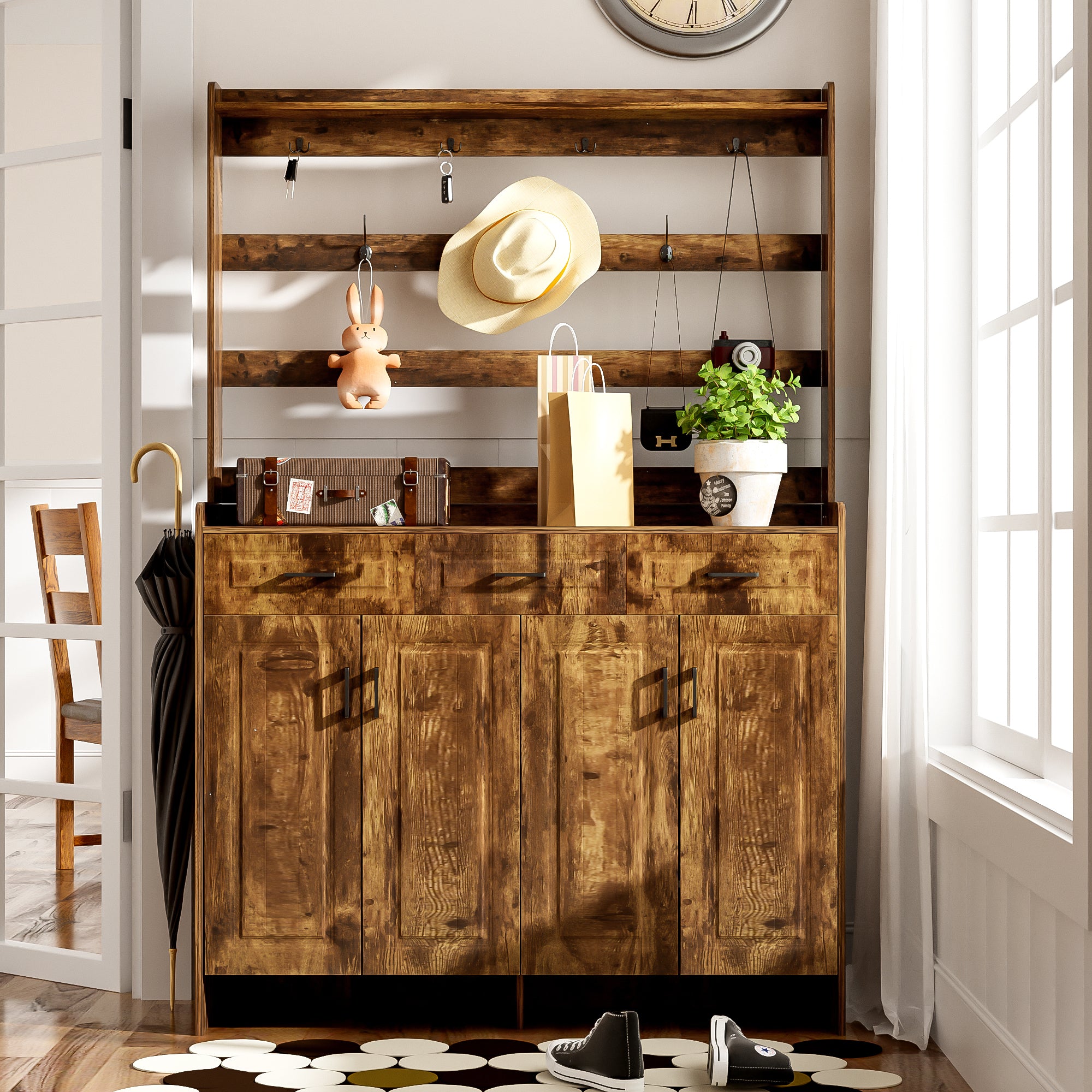 U-Can 51.2''Minimalist Four-Door Shoe Cabinet with Coat Rack, Spacious Top,3 Drawers, 8 Shelves,-UH Decor-Default-Urbanheer