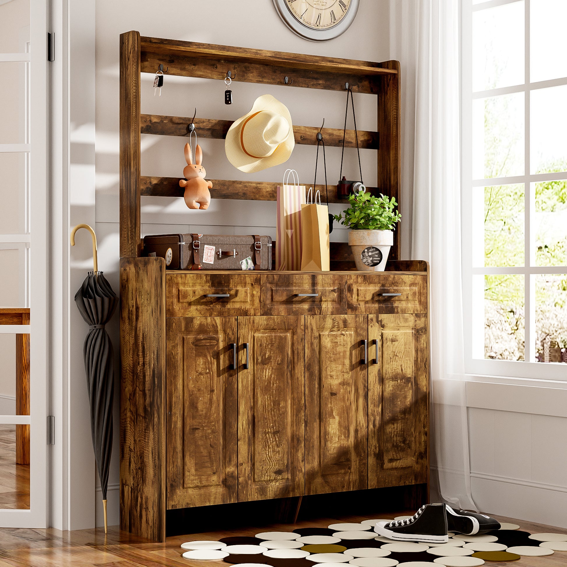 U-Can 51.2''Minimalist Four-Door Shoe Cabinet with Coat Rack, Spacious Top,3 Drawers, 8 Shelves,-UH Decor-Default-Urbanheer