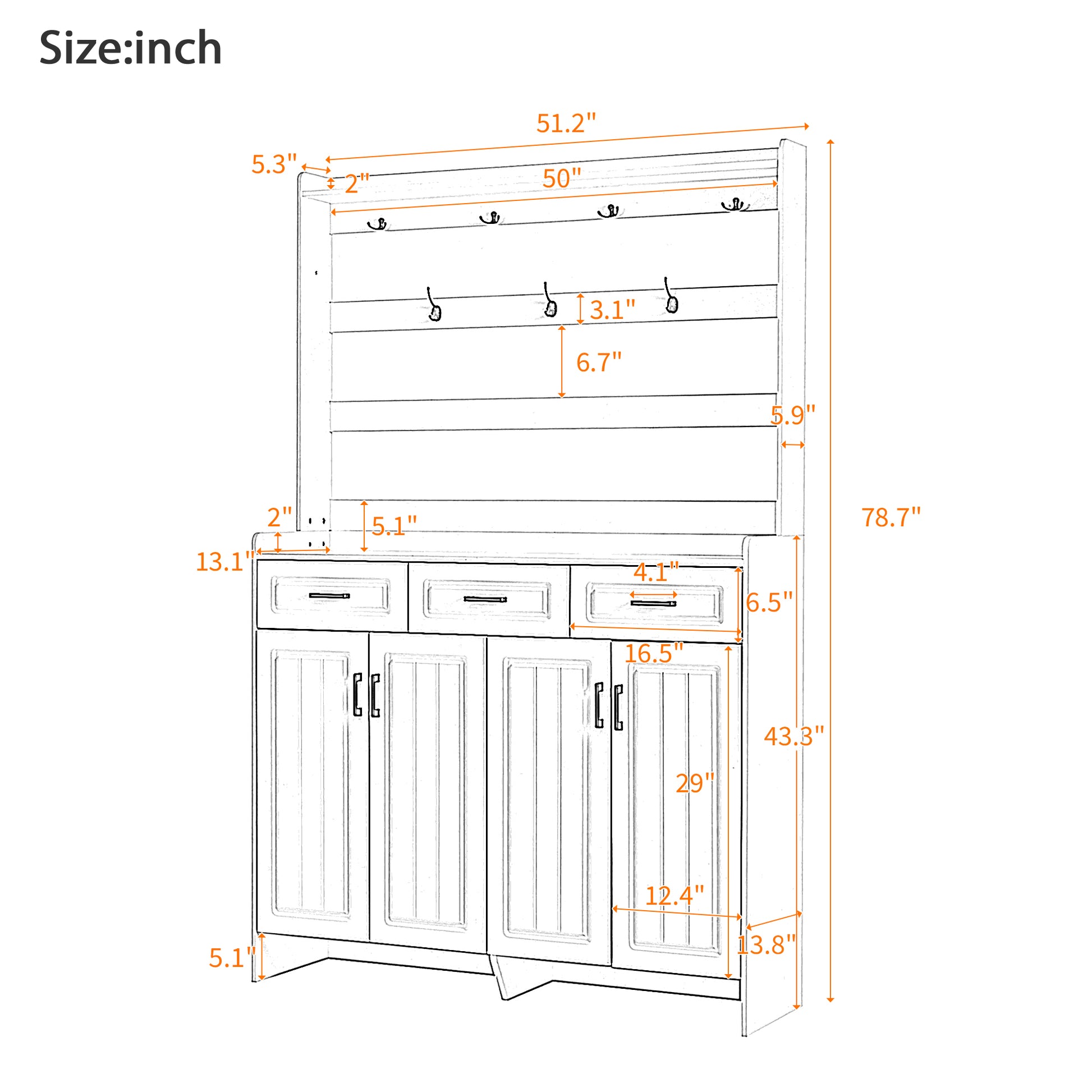 U-Can 51.2''Minimalist Four-Door Shoe Cabinet with Coat Rack, Spacious Top,3 Drawers, 8 Shelves,-UH Decor-Default-Urbanheer