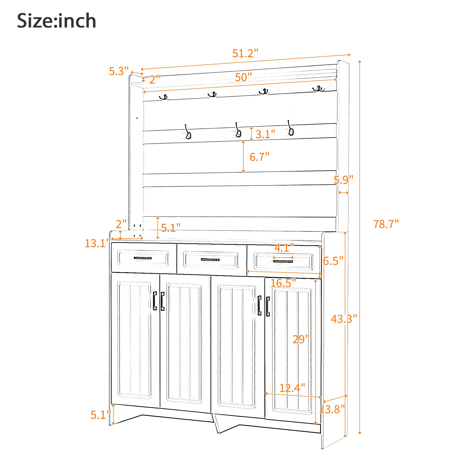 U-Can 51.2''Minimalist Four-Door Shoe Cabinet with Coat Rack, Spacious Top,3 Drawers, 8 Shelves,-UH Decor-Default-Urbanheer