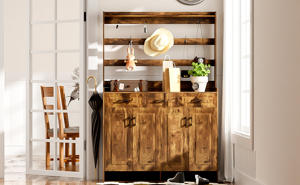 U-Can 51.2''Minimalist Four-Door Shoe Cabinet with Coat Rack, Spacious Top,3 Drawers, 8 Shelves,-UH Decor-Default-Urbanheer