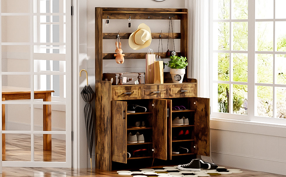 U-Can 51.2''Minimalist Four-Door Shoe Cabinet with Coat Rack, Spacious Top,3 Drawers, 8 Shelves,-UH Decor-Default-Urbanheer