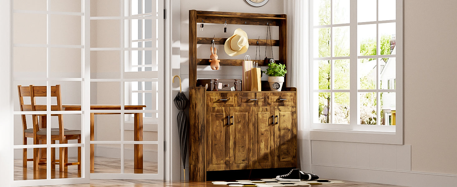 U-Can 51.2''Minimalist Four-Door Shoe Cabinet with Coat Rack, Spacious Top,3 Drawers, 8 Shelves,-UH Decor-Default-Urbanheer