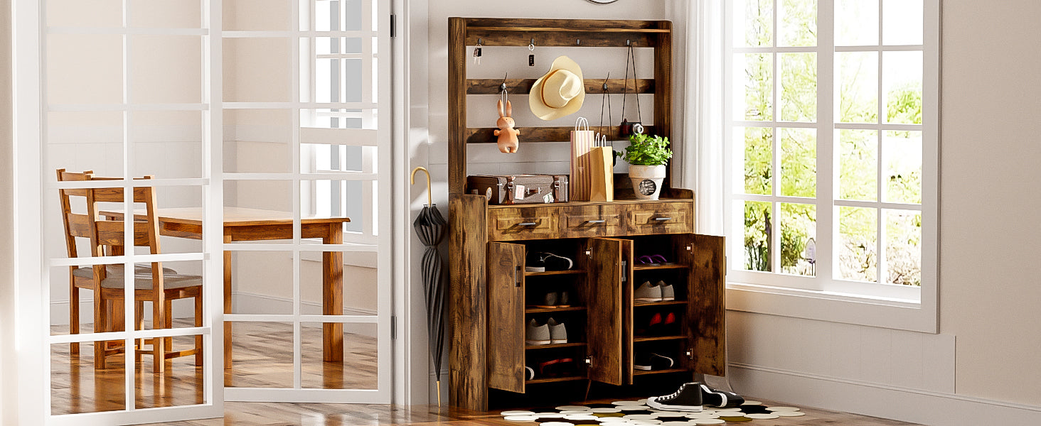 U-Can 51.2''Minimalist Four-Door Shoe Cabinet with Coat Rack, Spacious Top,3 Drawers, 8 Shelves,-UH Decor-Default-Urbanheer