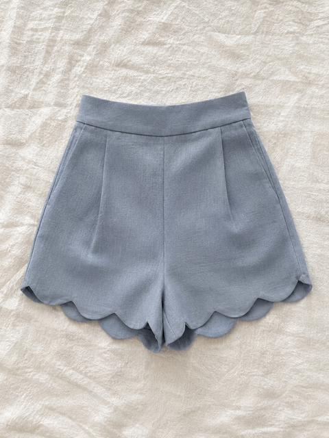 High Waist Scalloped Shorts - Bluish Grey