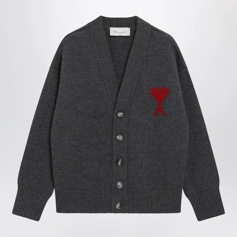 Ami Paris Ami De Coeur cardigan in grey mélange merino wool knit
