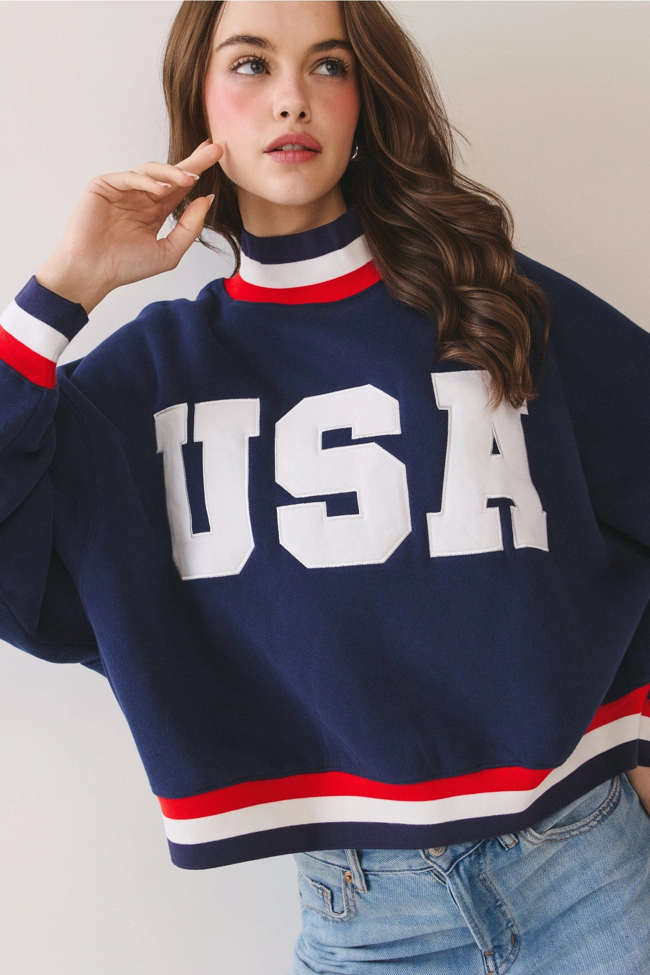 USA Letter Print Contrast Trim Sweatshirt