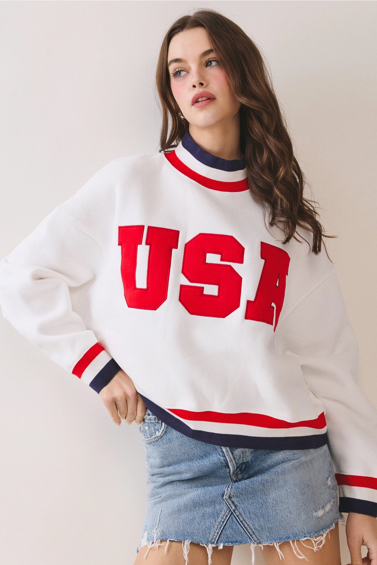 USA Letter Print Contrast Trim Sweatshirt