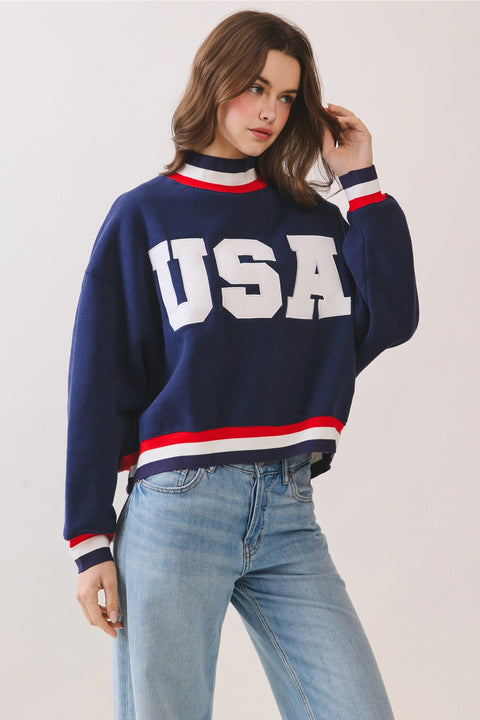 USA Letter Print Contrast Trim Sweatshirt - White