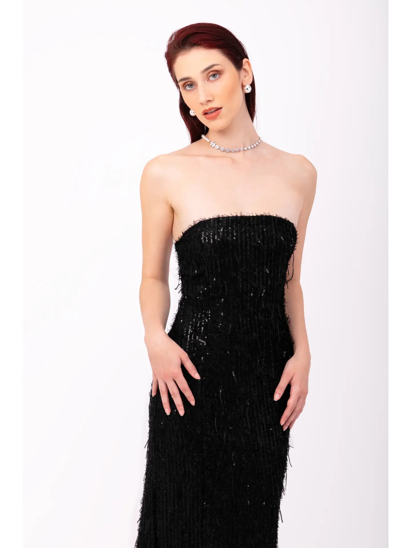 Uma Black Fringe Sequin Maxi Dress from Amy Lynn exclusive at Urbanheer Uma Black Fringe Sequin Maxi Dress from Amy Lynn exclusive at Urbanheer