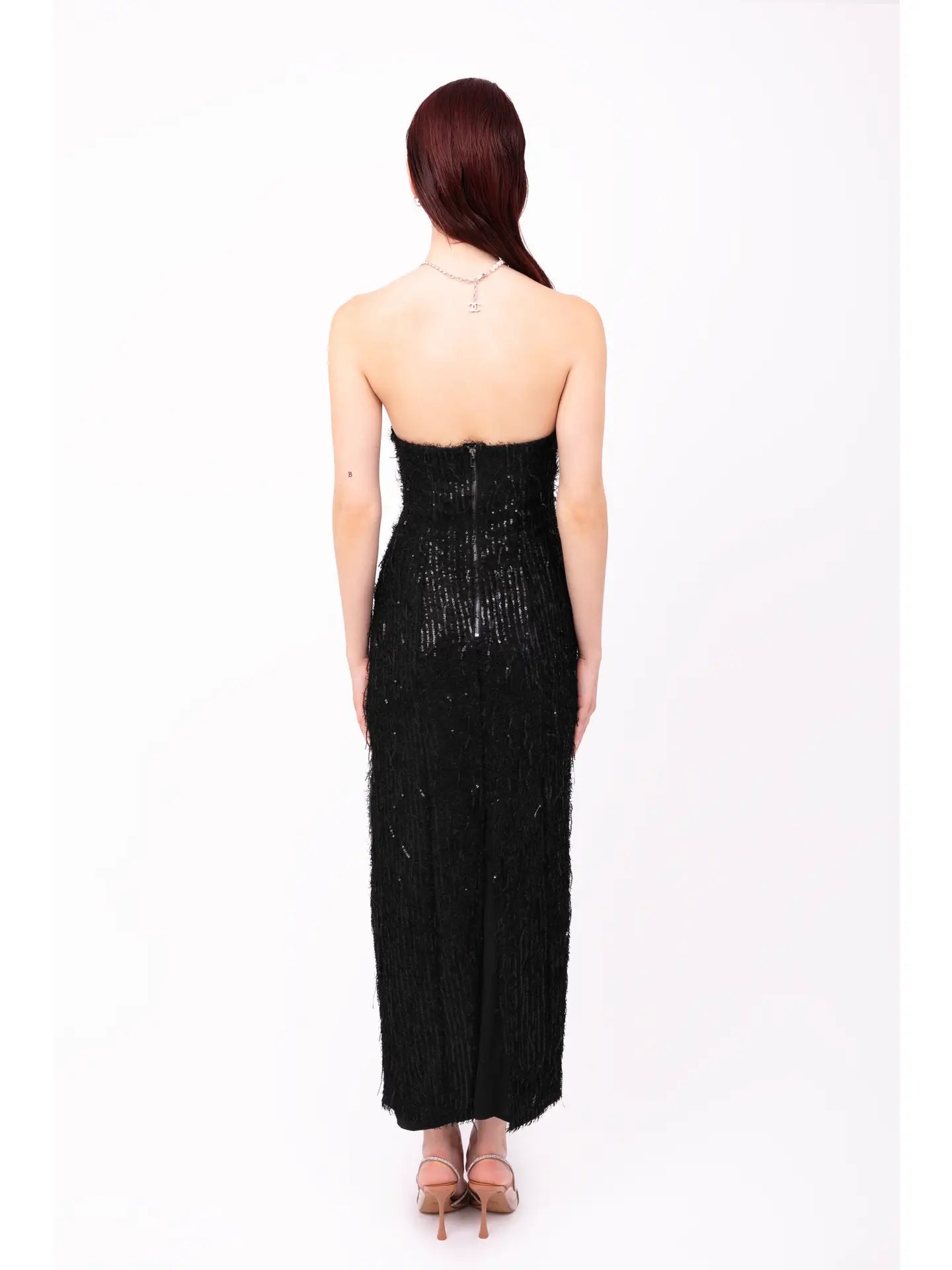 Uma Black Fringe Sequin Maxi Dress