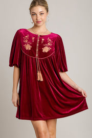 Umgee Embroidered Half Sleeve Velvet Mini Dress with Tassel-Street 360-Burgundy-S-Urbanheer