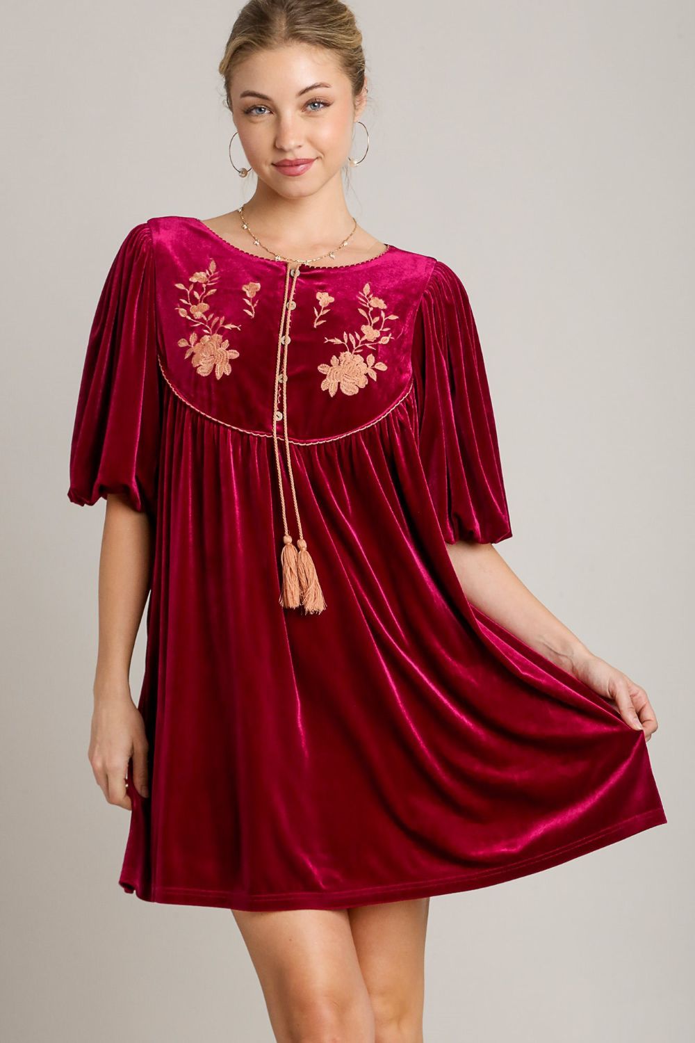 Umgee Embroidered Half Sleeve Velvet Mini Dress with Tassel-Street 360-Burgundy-S-Urbanheer