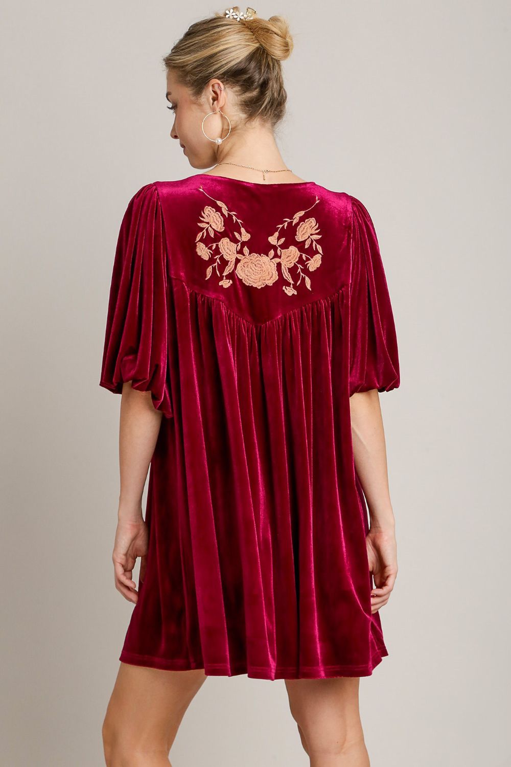Umgee Embroidered Half Sleeve Velvet Mini Dress with Tassel-Street 360-Burgundy-S-Urbanheer