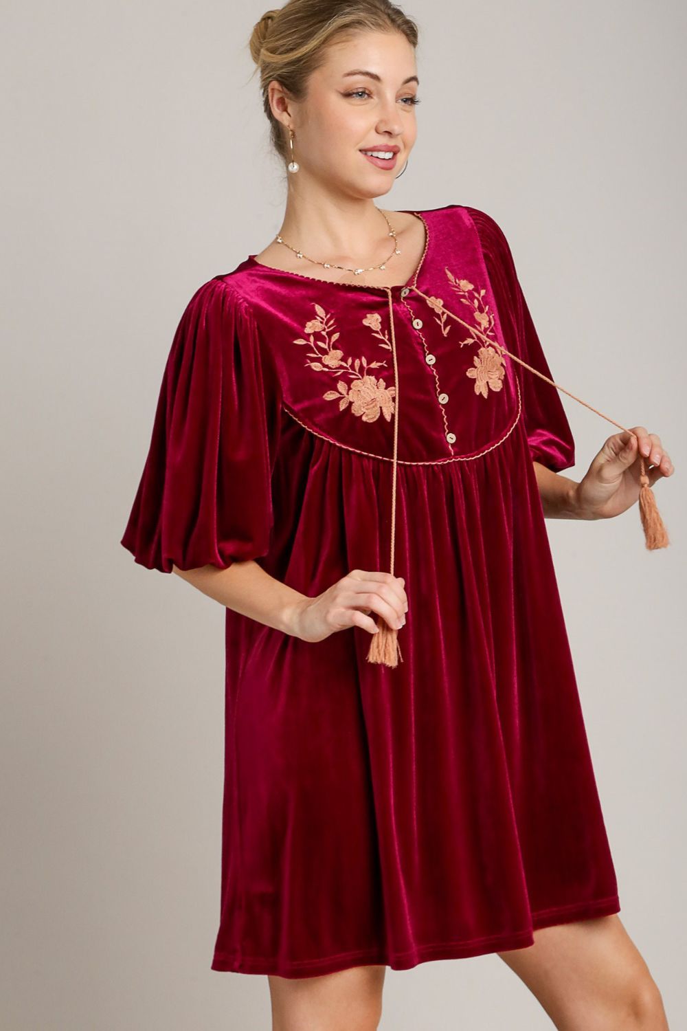 Umgee Embroidered Half Sleeve Velvet Mini Dress with Tassel-Street 360-Burgundy-S-Urbanheer