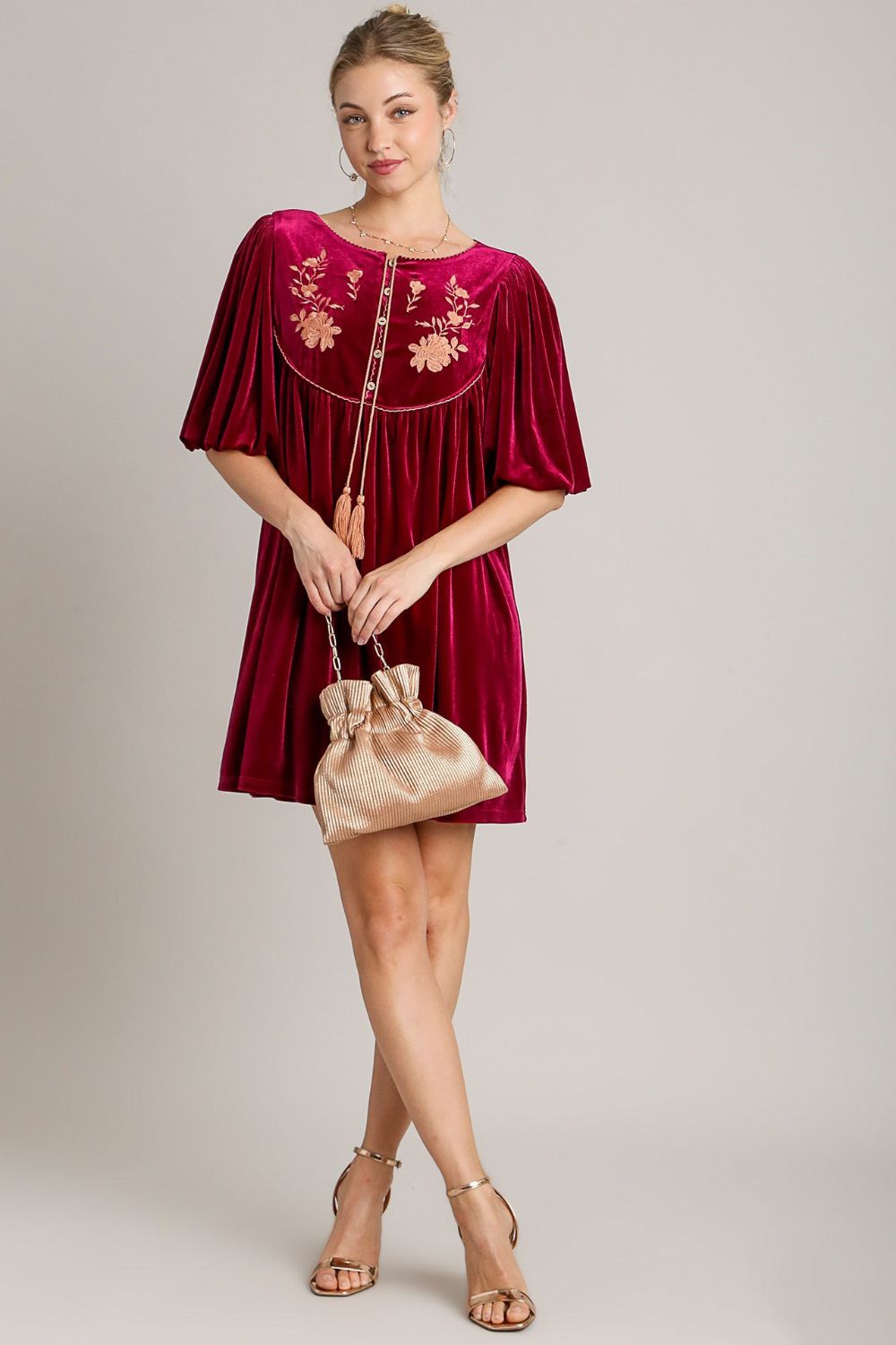 Umgee Embroidered Half Sleeve Velvet Mini Dress with Tassel-Street 360-Burgundy-S-Urbanheer