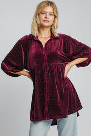 Umgee Full Size Polka Dot Button Up Half Sleeve Shirt-Street 360-Burgundy-S-Urbanheer