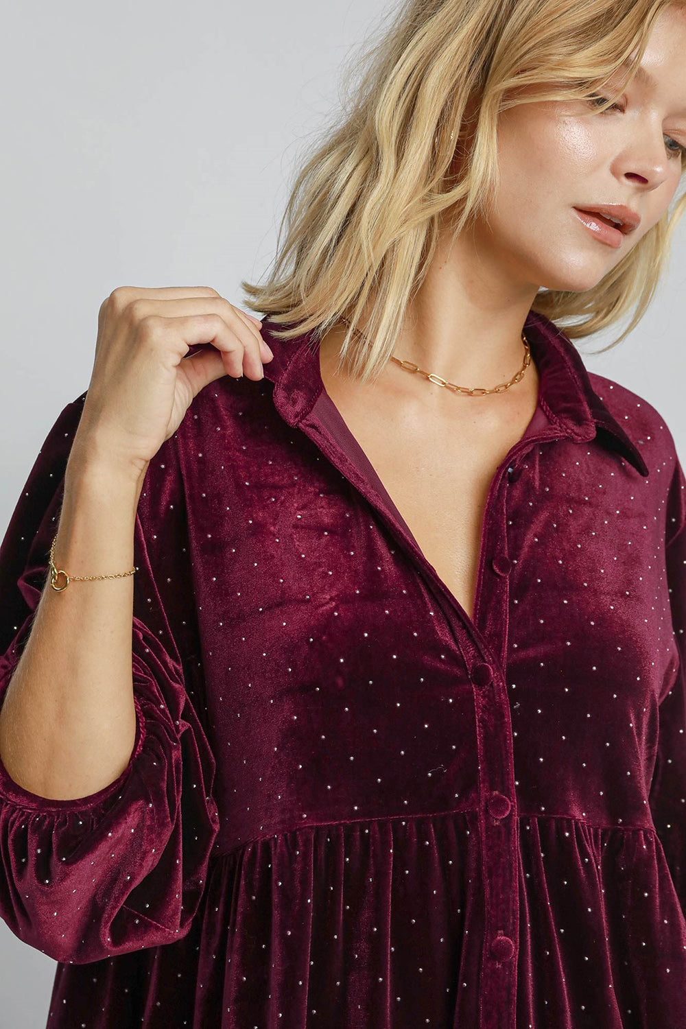 Umgee Full Size Polka Dot Button Up Half Sleeve Shirt-Street 360-Burgundy-S-Urbanheer