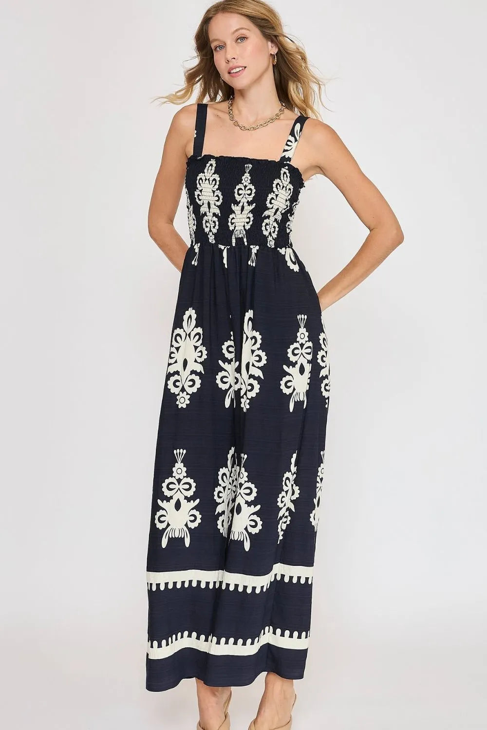 Umgee Full Size Smocked Printed Wide Leg Jumpsuit Plus Size-Street 360-Dark Navy-S-Urbanheer