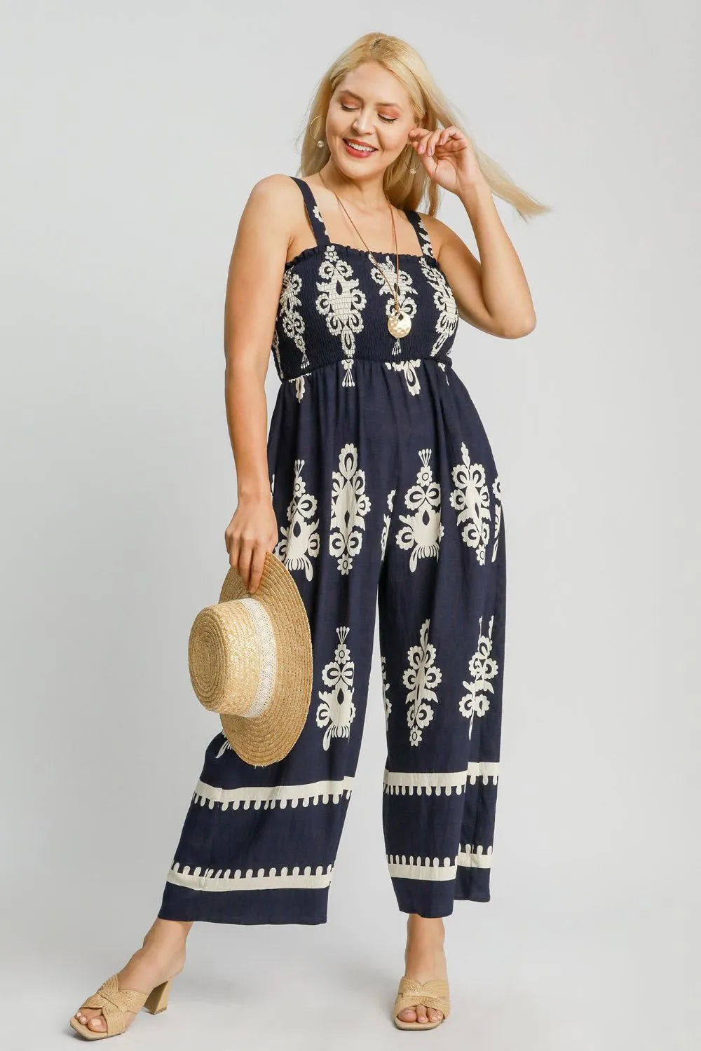 Umgee Full Size Smocked Printed Wide Leg Jumpsuit Plus Size-Street 360-Dark Navy-S-Urbanheer