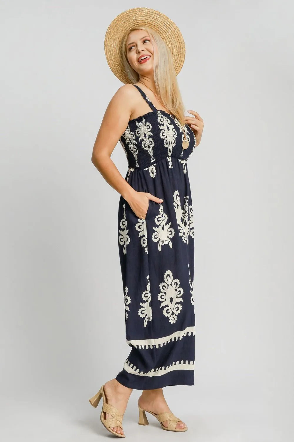 Umgee Full Size Smocked Printed Wide Leg Jumpsuit Plus Size-Street 360-Dark Navy-S-Urbanheer