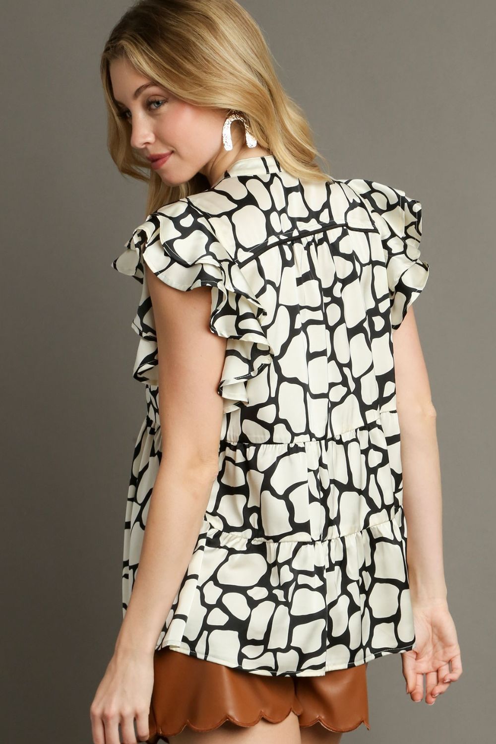 Umgee Full Size Two Tone Animal Print Notched Ruffle Cap Sleeve Blouse Plus Size-Street 360-Black-M-Urbanheer