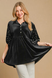 Umgee Pearl Detail Half Sleeve Velvet Babydoll Blouse-Street 360-Black-S-Urbanheer