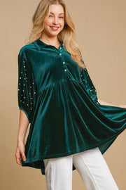 Umgee Pearl Detail Half Sleeve Velvet Babydoll Blouse-Street 360-Hunter Green-S-Urbanheer