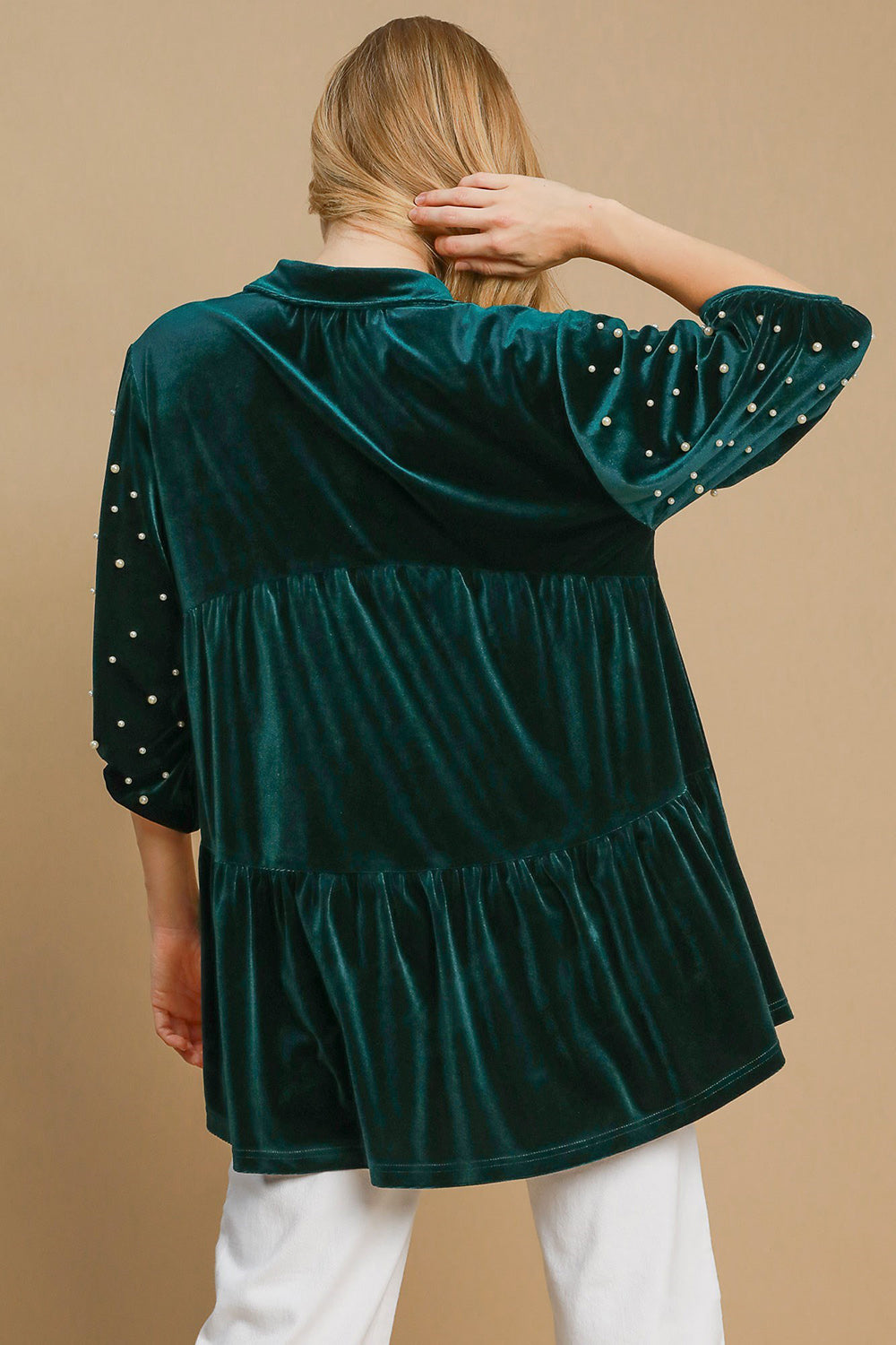 Umgee Pearl Detail Half Sleeve Velvet Babydoll Blouse-Street 360-Hunter Green-S-Urbanheer