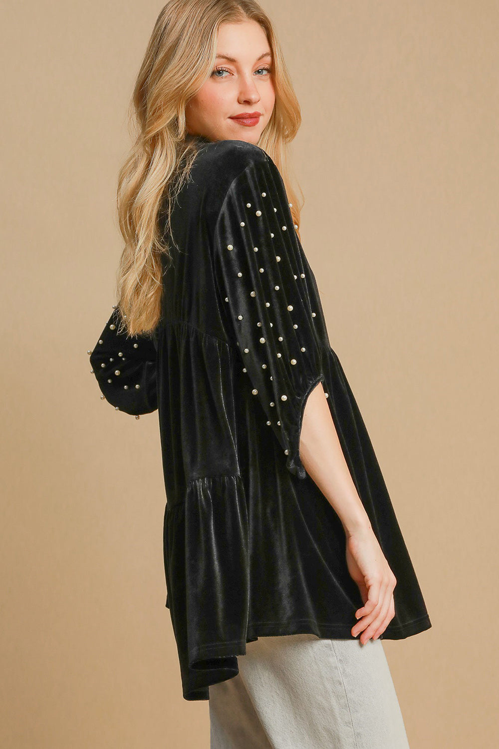 Umgee Pearl Detail Half Sleeve Velvet Babydoll Blouse-Street 360-Black-S-Urbanheer