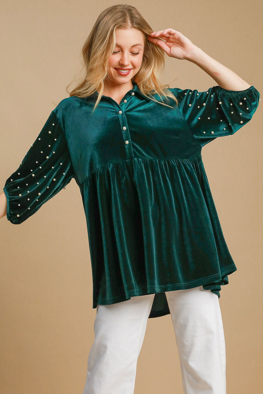 Umgee Pearl Detail Half Sleeve Velvet Babydoll Blouse-Street 360-Hunter Green-S-Urbanheer