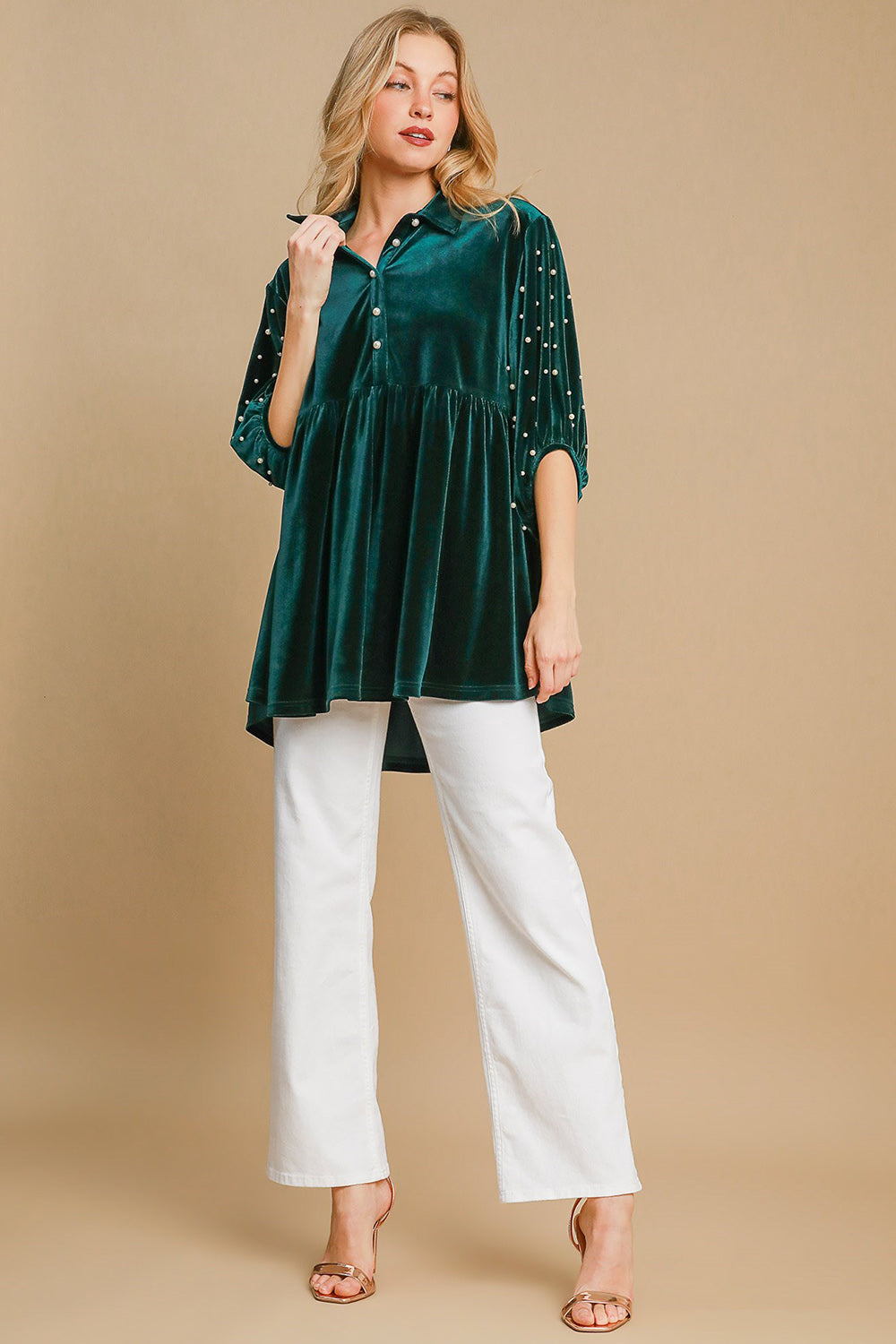 Umgee Pearl Detail Half Sleeve Velvet Babydoll Blouse-Street 360-Hunter Green-S-Urbanheer