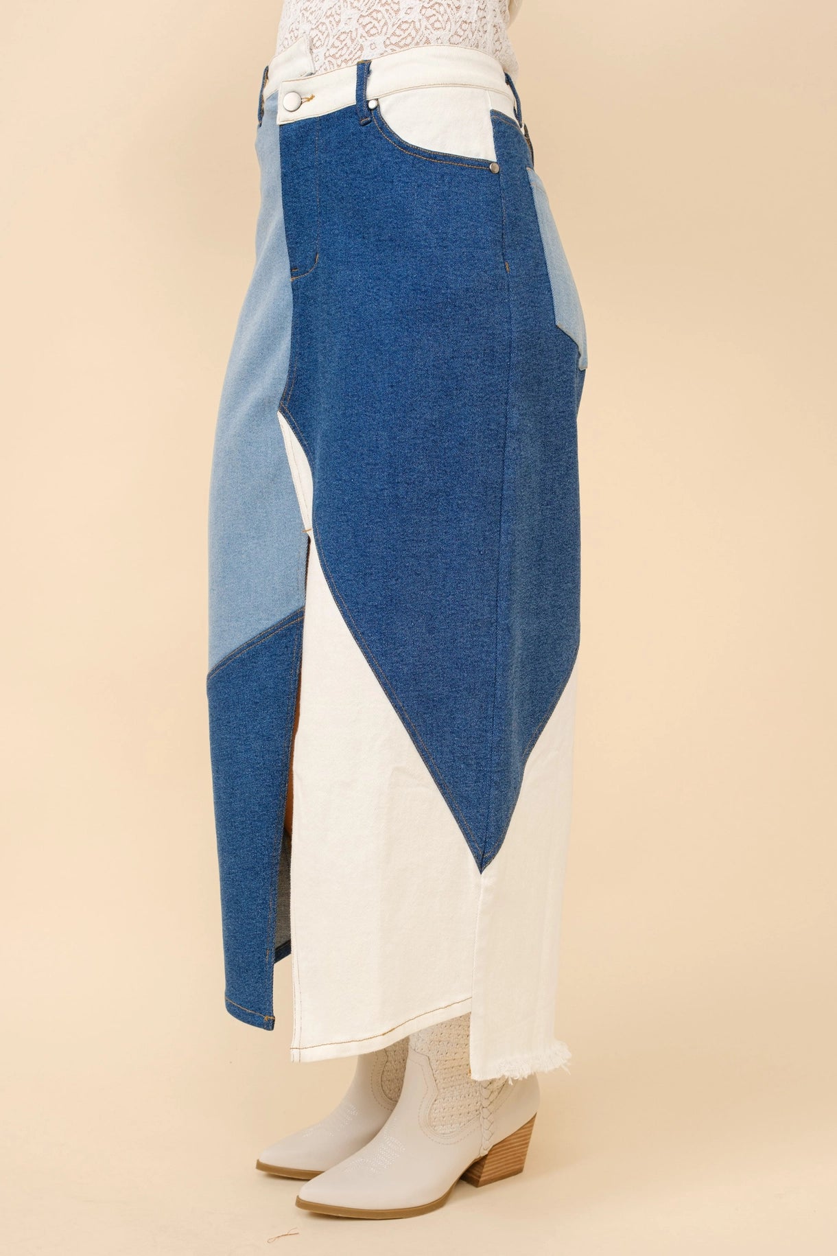 Uneven Patchwork Denim Maxi Skirt