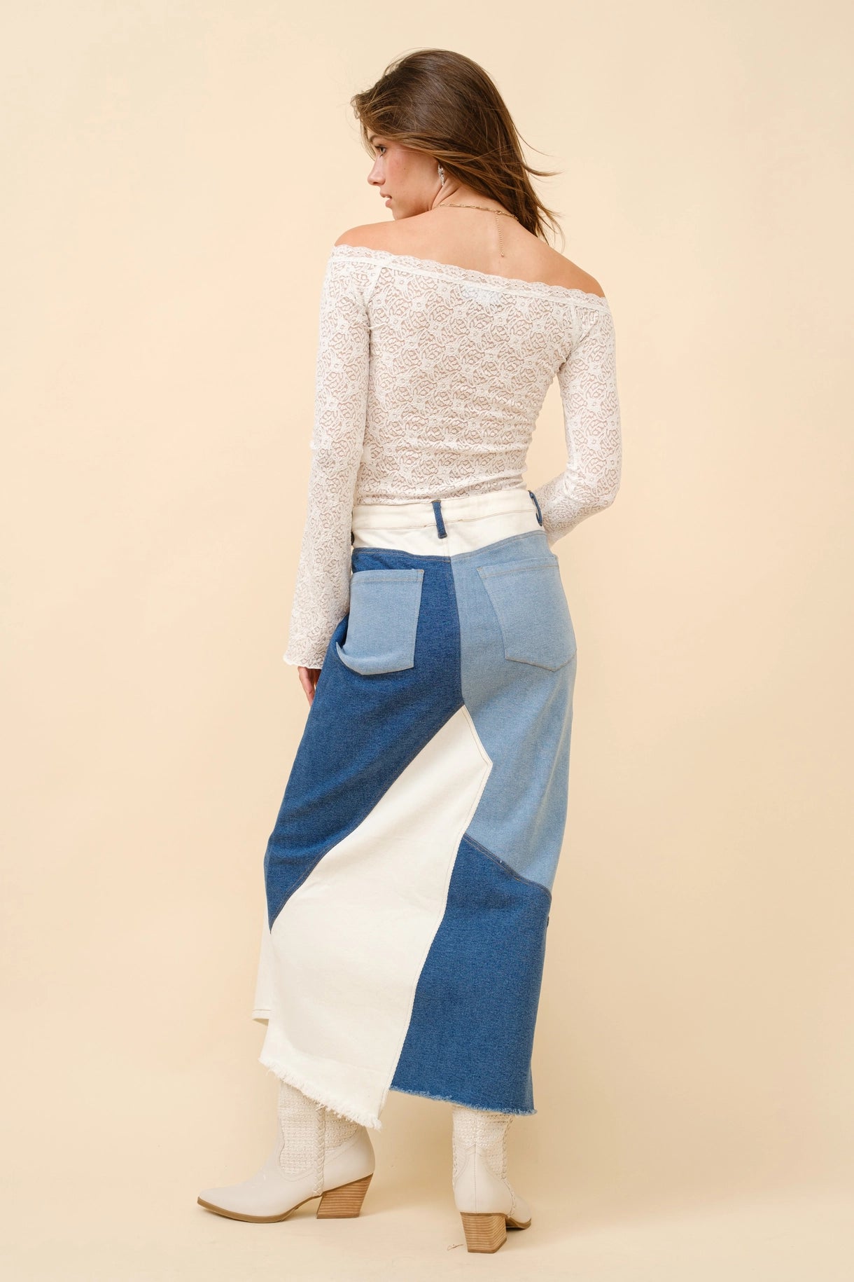 Uneven Patchwork Denim Maxi Skirt