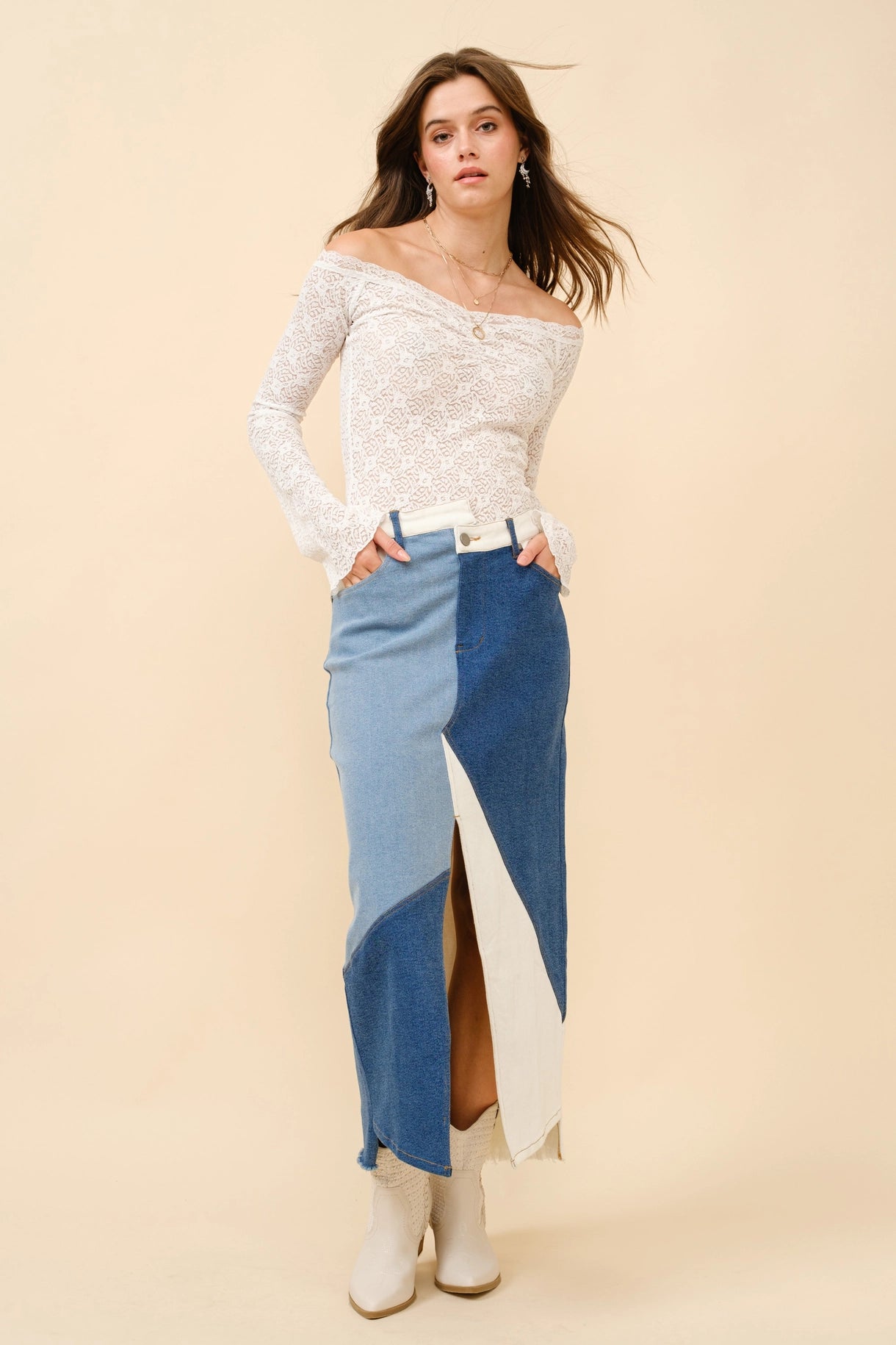 Uneven Patchwork Denim Maxi Skirt
