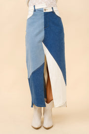 Uneven Patchwork Denim Maxi Skirt