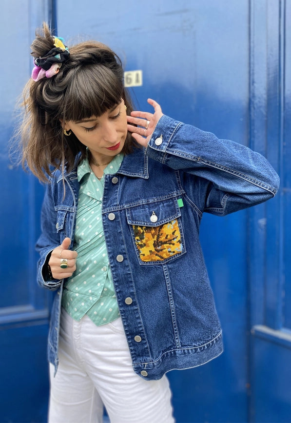 Upcycled Denim Jacket with Vintage Needlepoint from Frankie Upcycled Denim Jacket with Vintage Needlepoint from Frankie