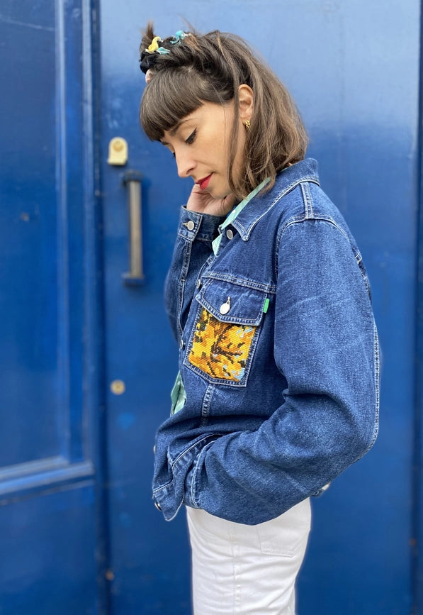 Upcycled Denim Jacket with Vintage Needlepoint-Jacket-Frankie-M-Urbanheer