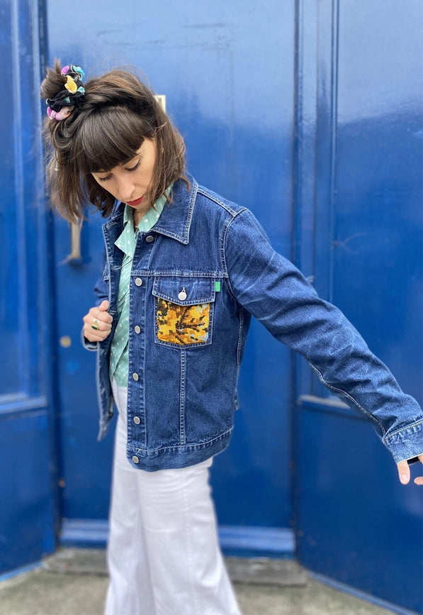 Upcycled Denim Jacket with Vintage Needlepoint-Jacket-Frankie-M-Urbanheer