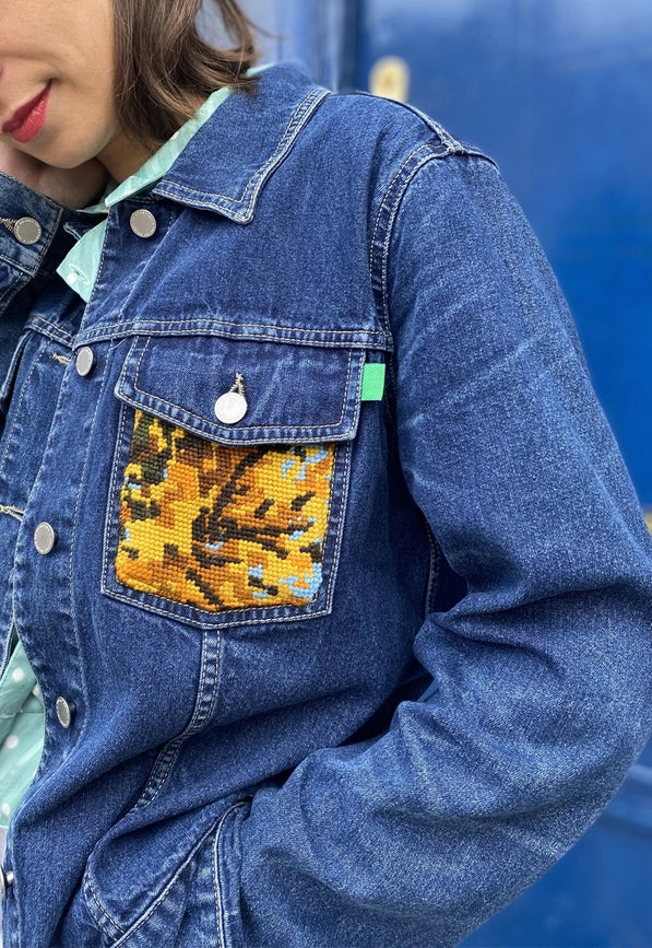 Upcycled Denim Jacket with Vintage Needlepoint-Jacket-Frankie-M-Urbanheer