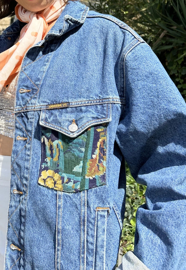 Upcycled Denim Jacket with Vintage Needlepoint-Jacket-Frankie-M/L-Urbanheer