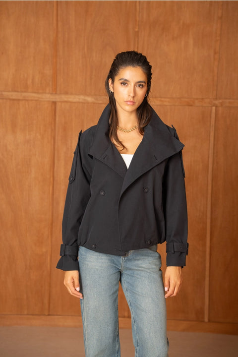 Urban Short Oversized Trench-Style Jacket with A Wrap Collar