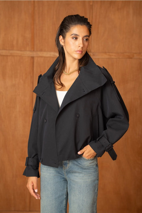 Urban Short Oversized Trench-Style Jacket with A Wrap Collar