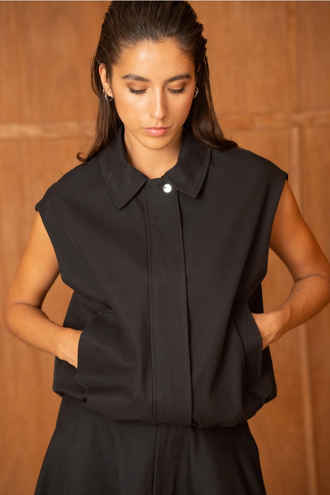 Urban Sleeveless Bomber Jacket with Lapel Collar