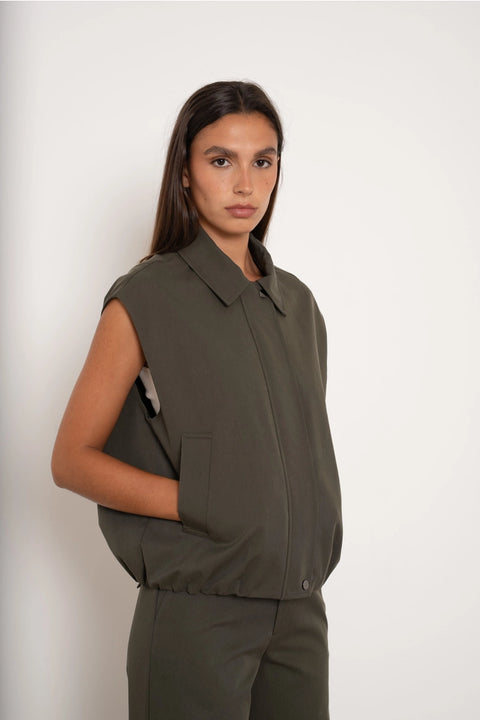 Urban Sleeveless Bomber Jacket with Lapel Collar