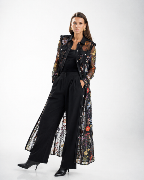 Embroidered Sheer Mesh Denim Duster