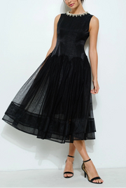 Pearl Embellished Sheer Tulle Midi Dress BLACK