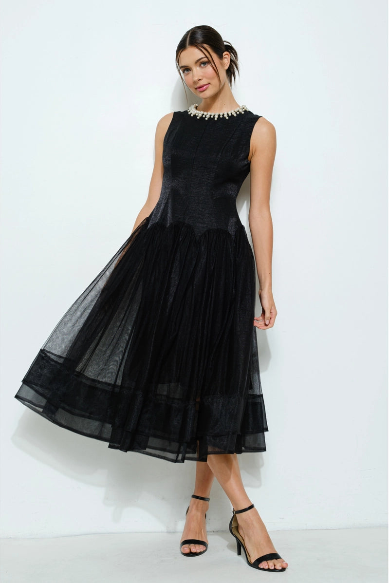 Pearl Embellished Sheer Tulle Midi Dress BLACK