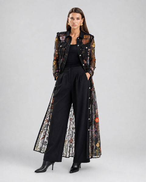 Embroidered Sheer Mesh Denim Duster