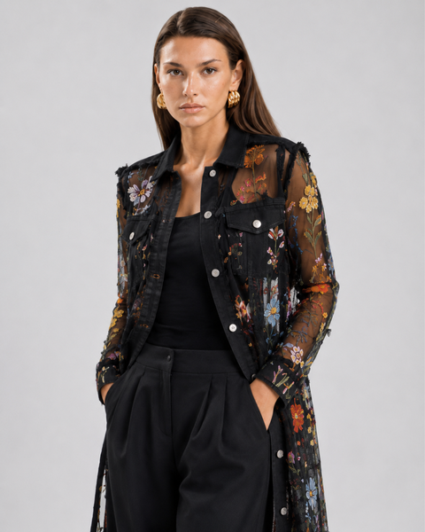 Embroidered Sheer Mesh Denim Duster